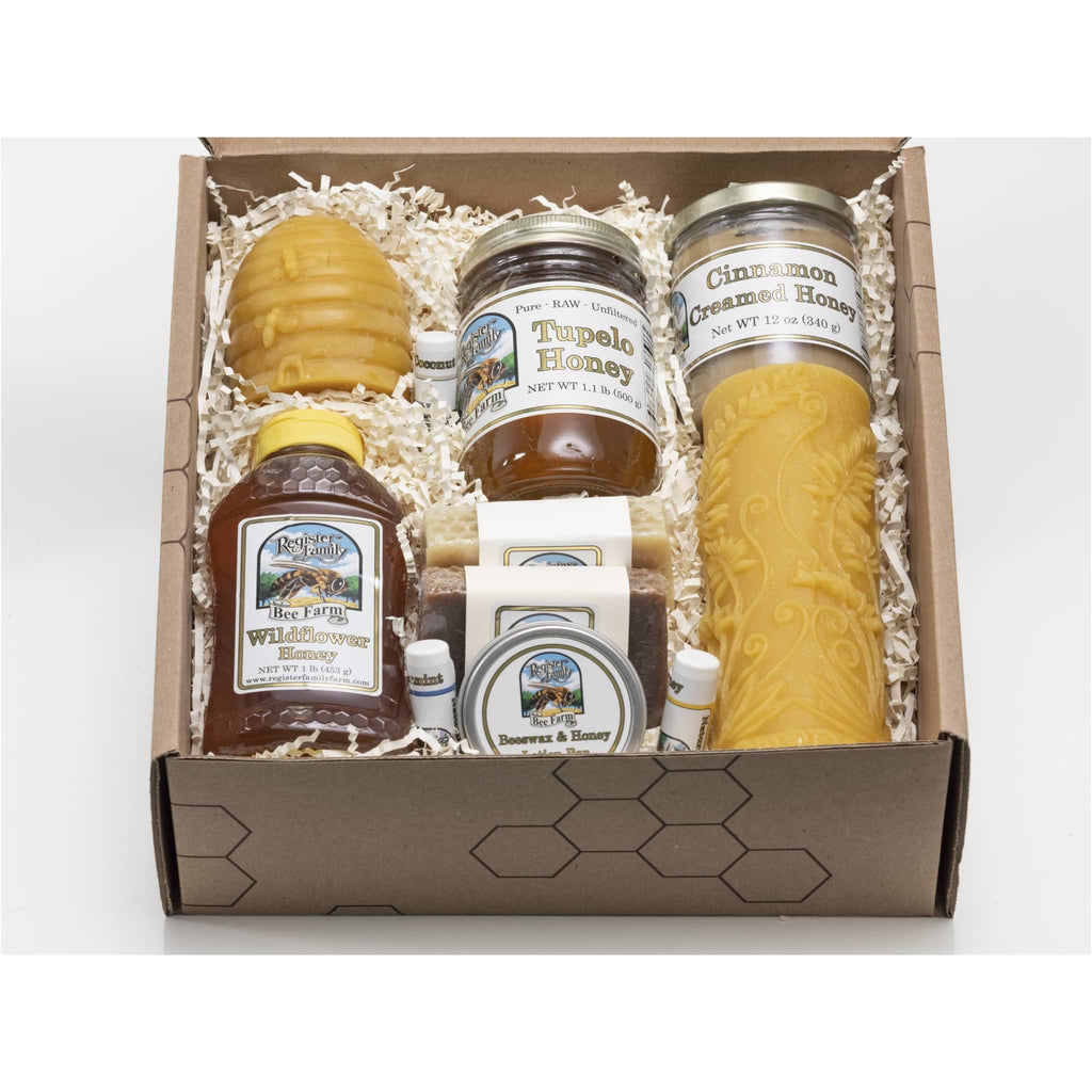 Honey Gift Basket. Raw Honey, 100% Beeswax Candle, Handcrafted Lip