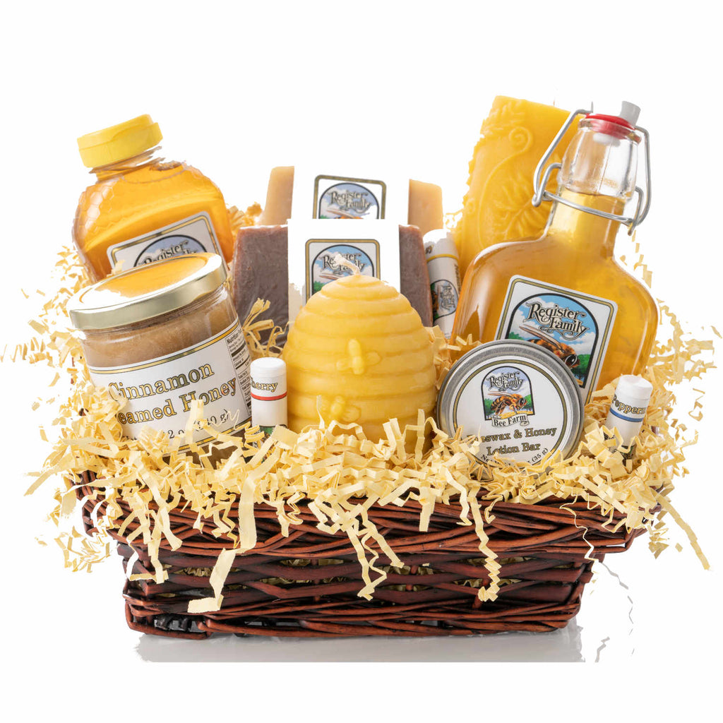 DELUXE HONEY AND HIVE GIFT BASKET RAW HONEY, BEESWAX CANDLE AND