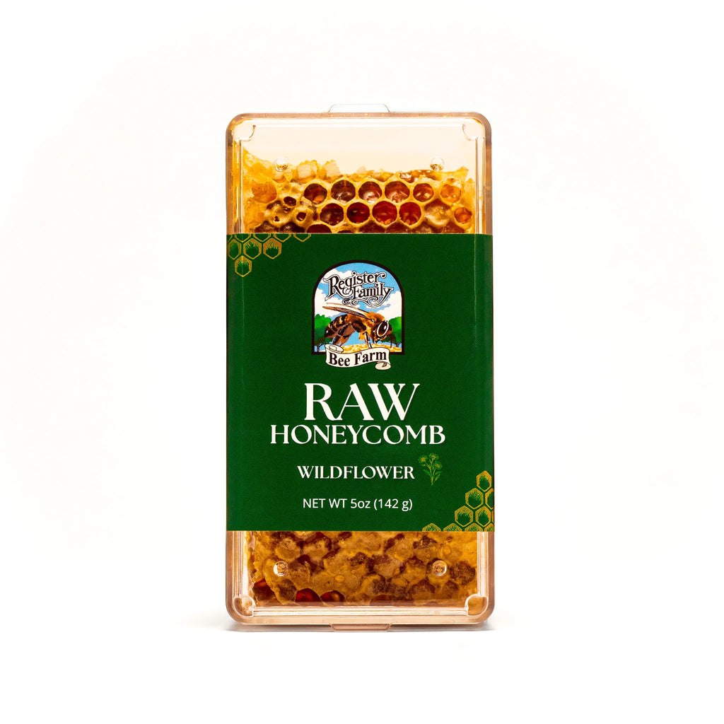 Register Family Farm's Raw Wildflower Honeycomb 5 oz in clear box, pure honey from family-owned business
