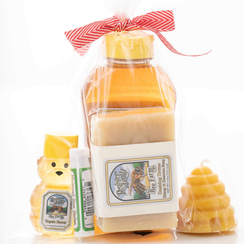 Large Gift Bag with honey, beeswax soap, balm, 100% beeswax candle.