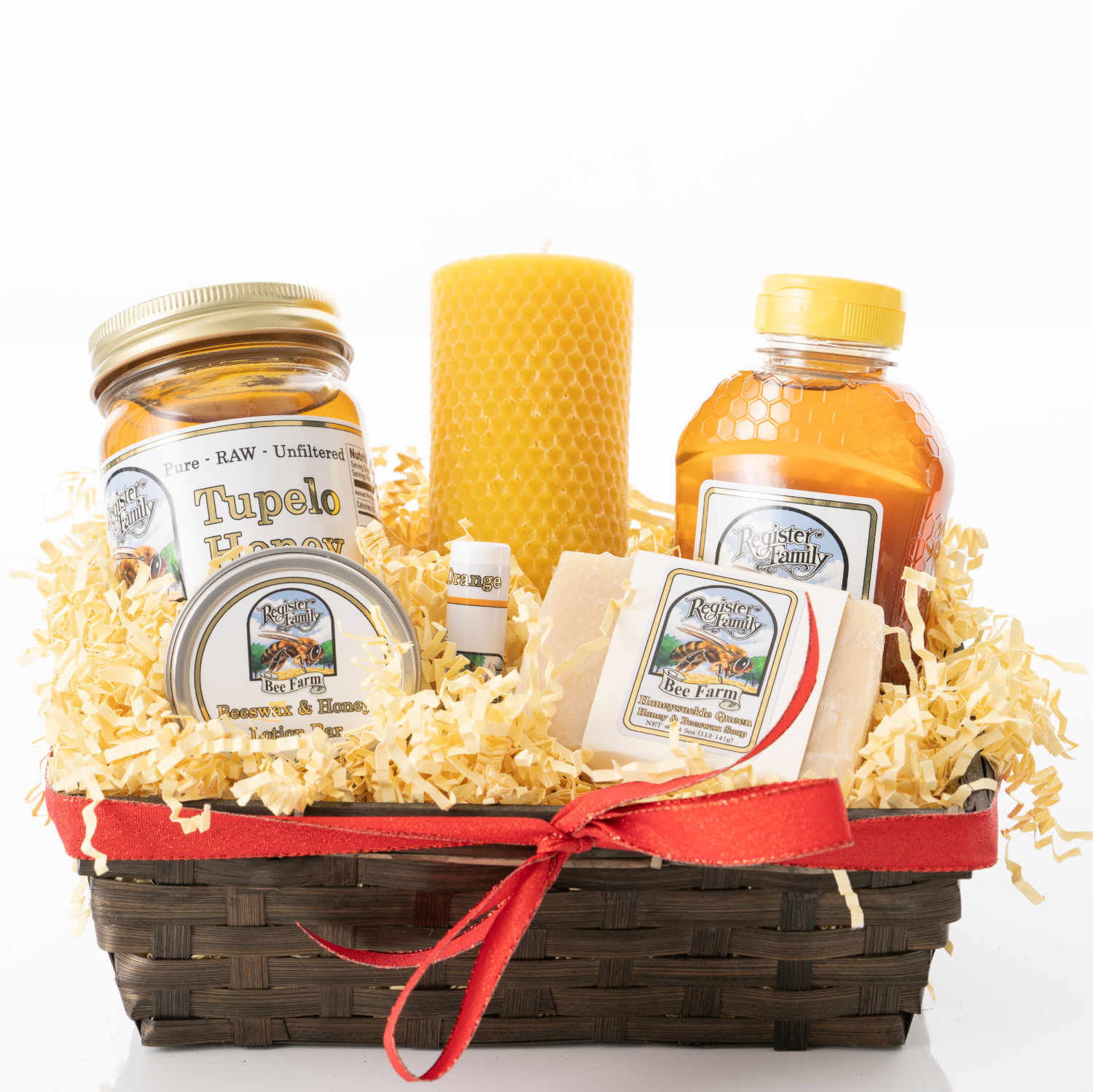 DELUXE HONEY AND HIVE GIFT BASKET RAW HONEY, BEESWAX CANDLE AND