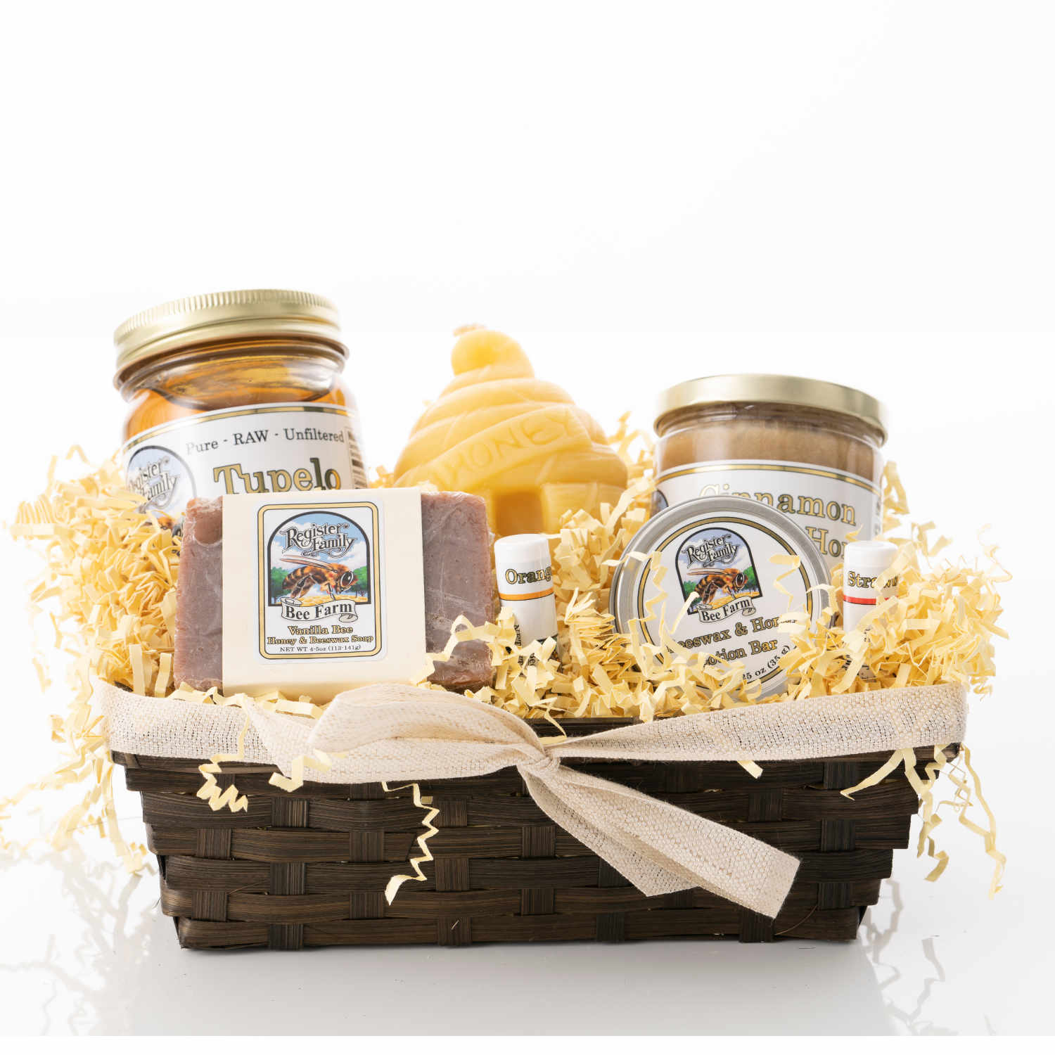 DELUXE HONEY AND HIVE GIFT BASKET RAW HONEY, BEESWAX CANDLE AND